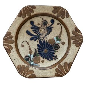 Tonala Mexican Folk Art Pottery Plate Wall Hanging Mexico Blue Bird & Flowers